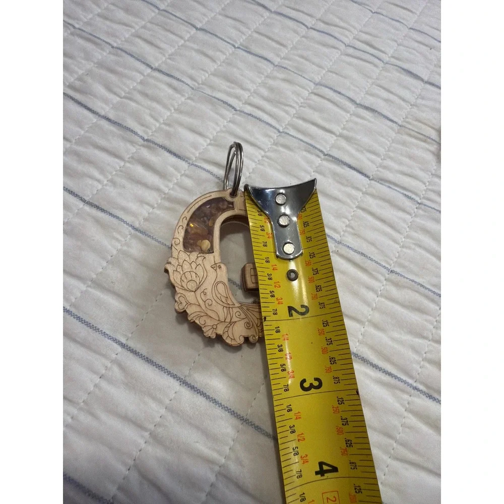 Wooden Letter G Keychain with Amber Stone Inlay Floral Bird Etched Wood Charm